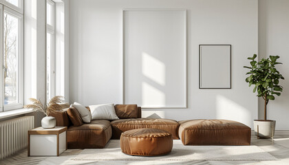 Contemporary living room open concept layout with empty frame