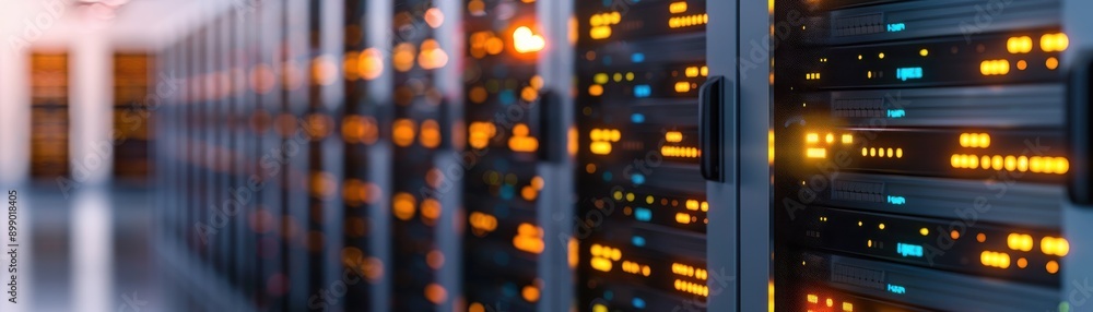 Poster modern server technology illuminated by vibrant lights, showcasing advanced data storage and process