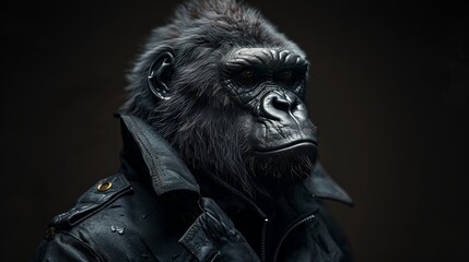 Serious gorilla in a leather jacket poses confidently against a black background, showcasing the beauty of wildlife and the importance of conservation efforts