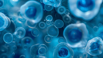 Abstract Blue Bubbles Floating in Liquid
