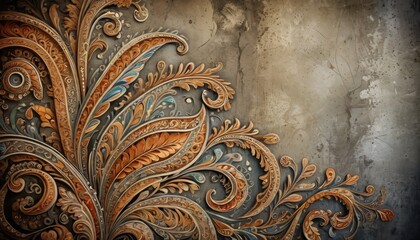 Ornate Golden Floral Design on Grunge Background.
