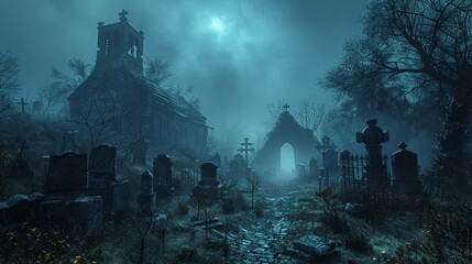 Spooky ancient cemetery with a church in the background is shrouded in fog on a dark night lit by a full moon