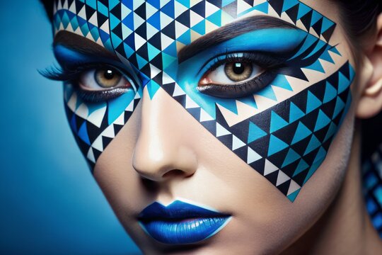 Vibrant geometric patterns in shades of blue and black adorn a blank canvas, evoking a modern and graphic eye makeup look with bold, angular lines.