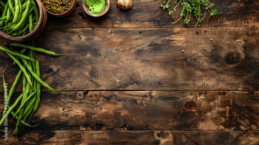 Poster text space available for copy on rustic table with organic green beans