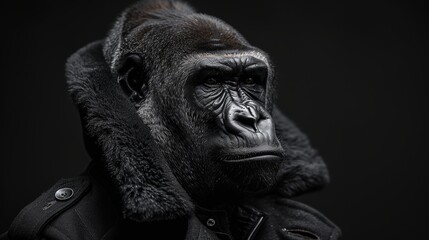 Thoughtful primate wearing winter clothes looking away from the camera on a dark background