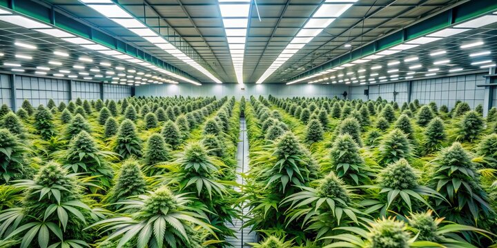 Rows of lush green cannabis plants with dense buds thrive under soft grow lights in a large, state-of-the-art, climate-controlled commercial greenhouse facility.