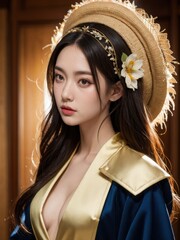 Beautiful Woman in a Straw Hat with Flowers.