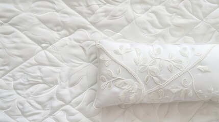 Obraz premium A fluffy white pillow with intricate floral embroidery, isolated on a white background, perfect for adding custom text or branding