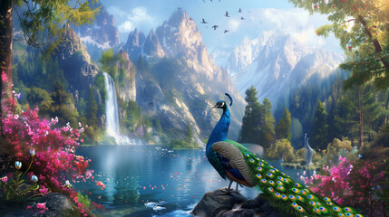 a colorful peacock in the forest with mountain background