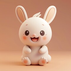 Fototapeta premium Cute and happy cartoon bunny with big eyes and fluffy ears, sitting on a soft orange background.