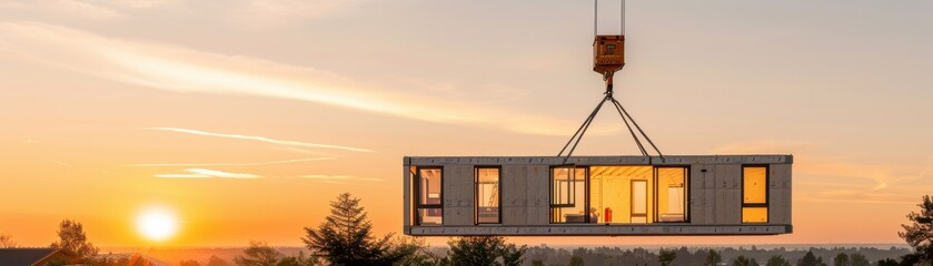 A modern container home being lifted at sunset, showcasing innovative architecture and construction techniques in a serene landscape.