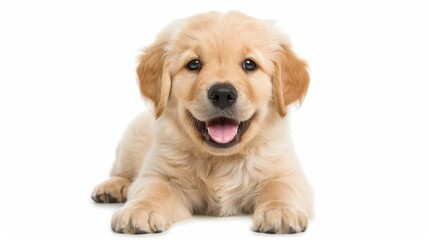 A golden retriever puppy with a joyful expression, sitting on a white background, detailed fur texture, and sparkling eyes, capturing playful innocence