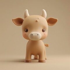 Fototapeta premium Cute cartoon brown cow with big eyes and blush standing on a plain background.