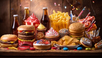 Fototapeta premium A festive spread of junk foods including cupcakes, candy, and soda bottles, arranged on a ru