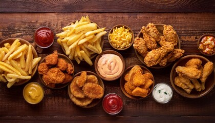  Flat lay of a mix of junk foods like candy, chips, and popcorn, set against a dark wooden ba