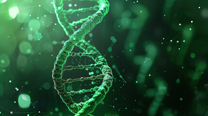 3D rendering of the DNA double helix in green color on a dark background with a bokeh effect