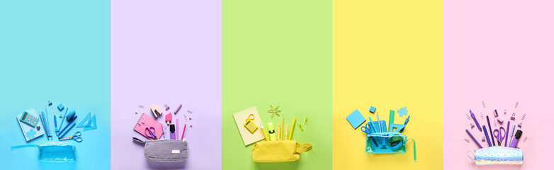 Collage of many pencil cases with different school stationery on color background, top view