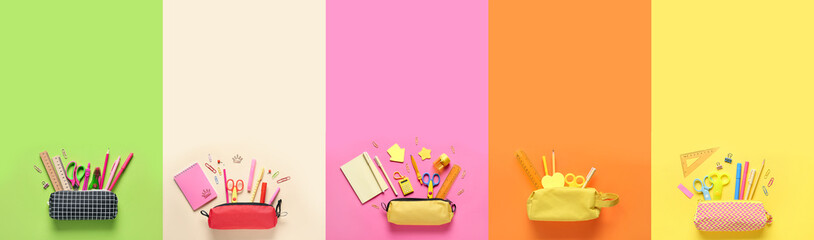 Collage of many pencil cases with different school stationery on color background, top view