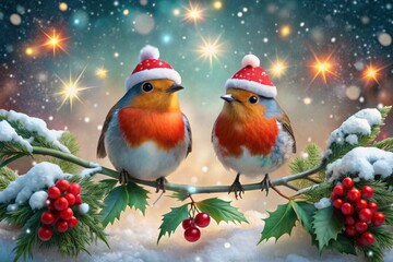 Adorable pair of robins don festive holiday finery, perched on branch amidst twinkling lights, snowflakes, and ornaments, surrounded by mistletoe and evergreen sprigs.
