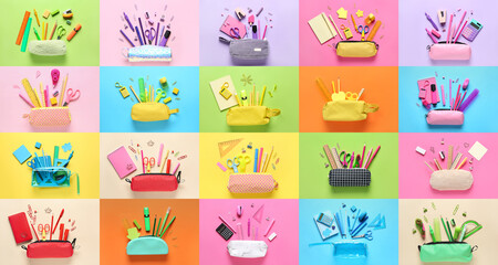 Collage of many pencil cases with different school stationery on color background, top view