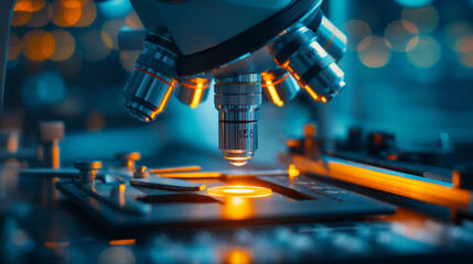 Closeup of a Microscope Lens Focused on a Specimen Underneath