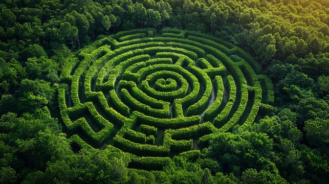 Aerial view of a large round hedge maze surrounded by forest is creating an intricate puzzle with a complex path