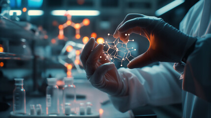 Scientist Holding Holographic Molecular Structure in Laboratory