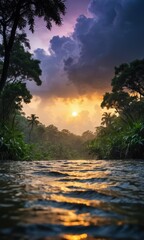 Sunset Over Tropical River.