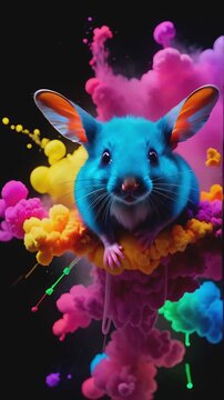 Colorful Blue Mouse Surrounded by Vibrant Paint Splashes. Burst of colorful paint clouds.