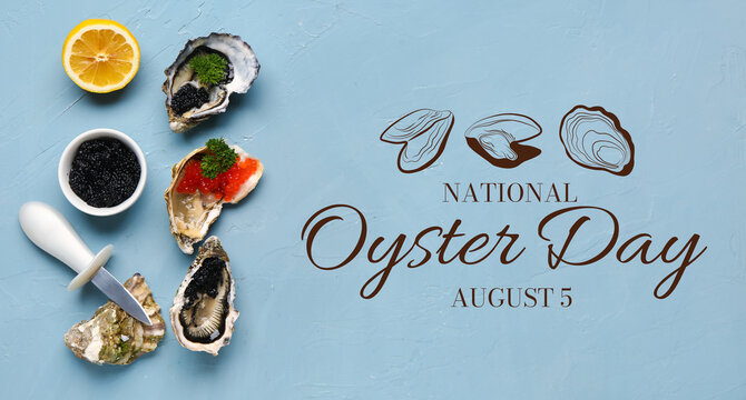 Tasty oysters with lemon, black and red caviar on blue background