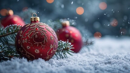 Obraz premium Merry Christmas Baubles on Snow with Fir Branches - Festive Holiday Decorations for a Joyful Winter Scene
