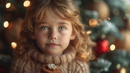 Excited Child Enjoying a Festive Treat in Front of a Decorated Christmas Tree