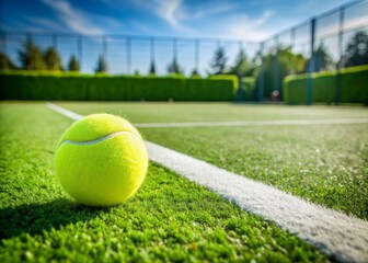 A lone, fuzzy, yellow tennis ball rests on the pristine, green grass of a empty tennis court, surrounded by crisp, white lines and a sunny atmosphere.