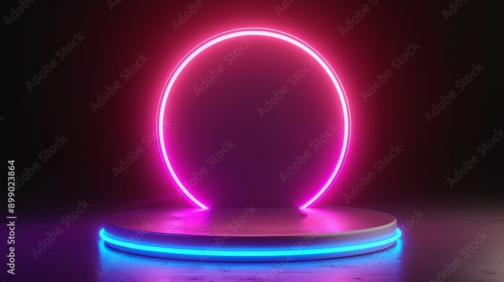 Poster a vibrant neon light display with a glowing circular shape, perfect for showcasing products or creat
