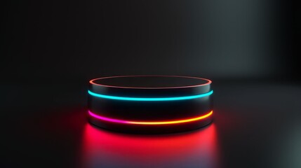 A sleek, modern device illuminated by vibrant neon lights, set against a dark background, enhancing its futuristic appeal.