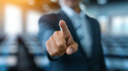 A businessman pointing forward in a blurred office setting, conveying authority and confidence in a professional environment.