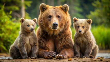 Obraz premium Adorable brown bear family with cute baby, various poses: standing, sitting, screaming, and lying, showcasing tender moments in their natural wilderness habitat.