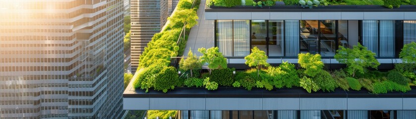 Aerial view of a modern building with lush green rooftop gardens, showcasing sustainable urban architecture against a city backdrop.