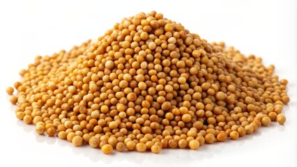 Fototapeta premium Small yellowish-brown mustard seeds piled high, rounded edges, and varying shapes, isolated on a clean, crisp white background, with subtle shadows and highlights.