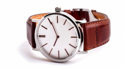 Modern wristwatch featuring a brown leather strap, isolated white background, clean space for text, detailed focus on craftsmanship and luxury