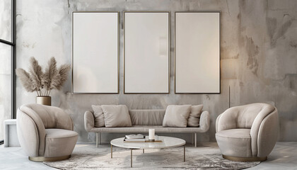 Contemporary living room with functional design with empty frame
