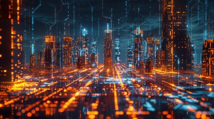 Fototapeta premium Futuristic Cityscape with glowing digital lines