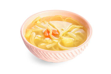 Bowl of tasty chicken soup on white background