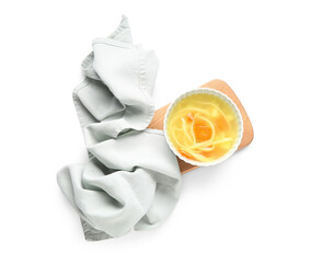 Bowl of tasty chicken soup on white background