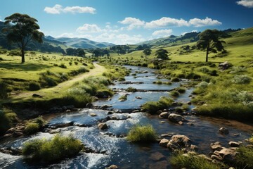 A tranquil river meandering through a green countryside