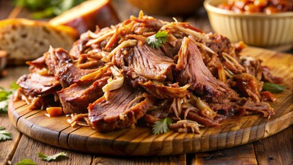 Tender slow-smoked pork shoulder, glistening with juices, falls apart effortlessly, ready to be shredded into mouthwatering, flavorful barbecue pulled pork for summer gatherings.