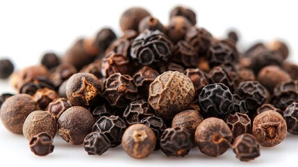 Obraz premium Neat pile of black peppercorns on a white background, adding flavor to dishes. Close up shows texture and detail. Pungent aroma for gourmet cuisine