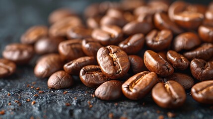 Roasted coffee beans with a dark roasted color are scattered on a dark textured surface