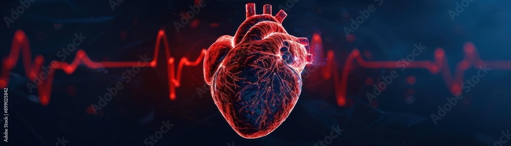 Poster a vivid representation of a human heart showcasing its structure and rhythm against a backdrop of di