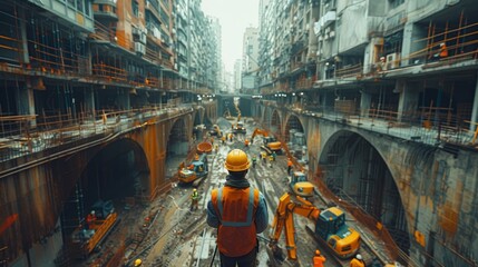 Construction site supervisor is standing on a platform, observing the progress of excavation works taking place in a bustling urban environment